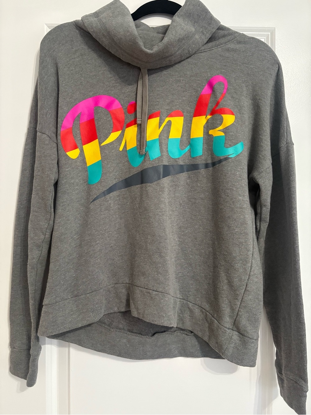 PINK Victoria's Secret Gray Pullover with Rainbow Script